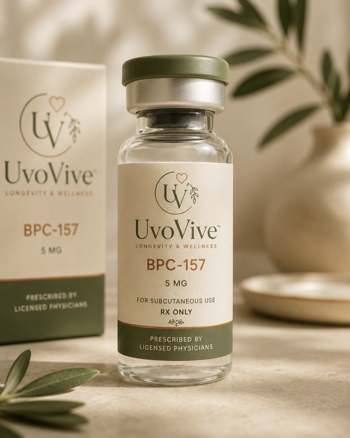 UvoVive peptide vial with olive cap and cream label